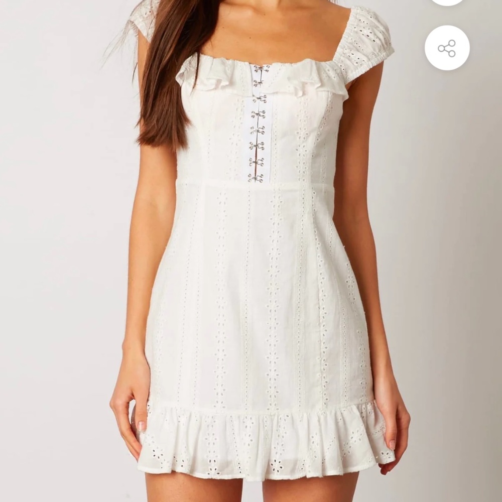 White Ruffled Trim Eyelet Mini Dress